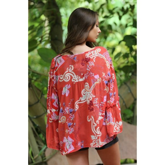Angie Floral Ruffle Seam Bell Sleeve Tunic - Picture 5 of 6